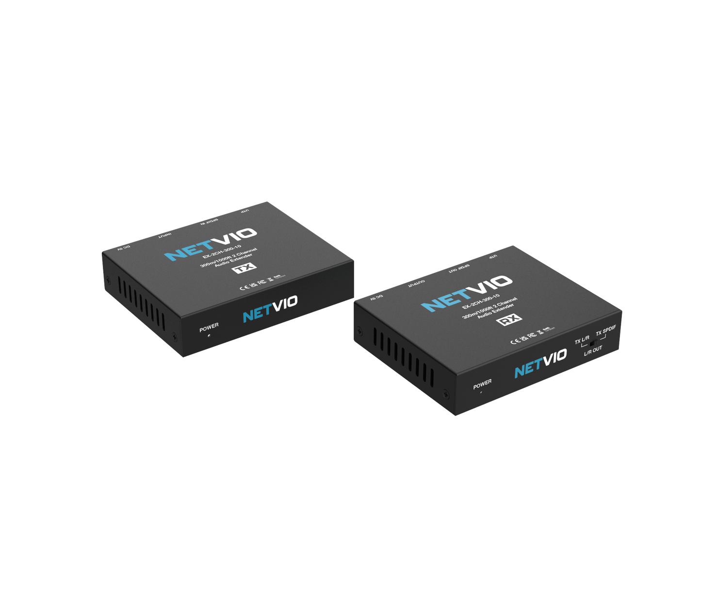 Netvio EX-2CH-300-10 | 300m 2-Channel Audio Extender with Built-in DAC & PoC Extender Netvio