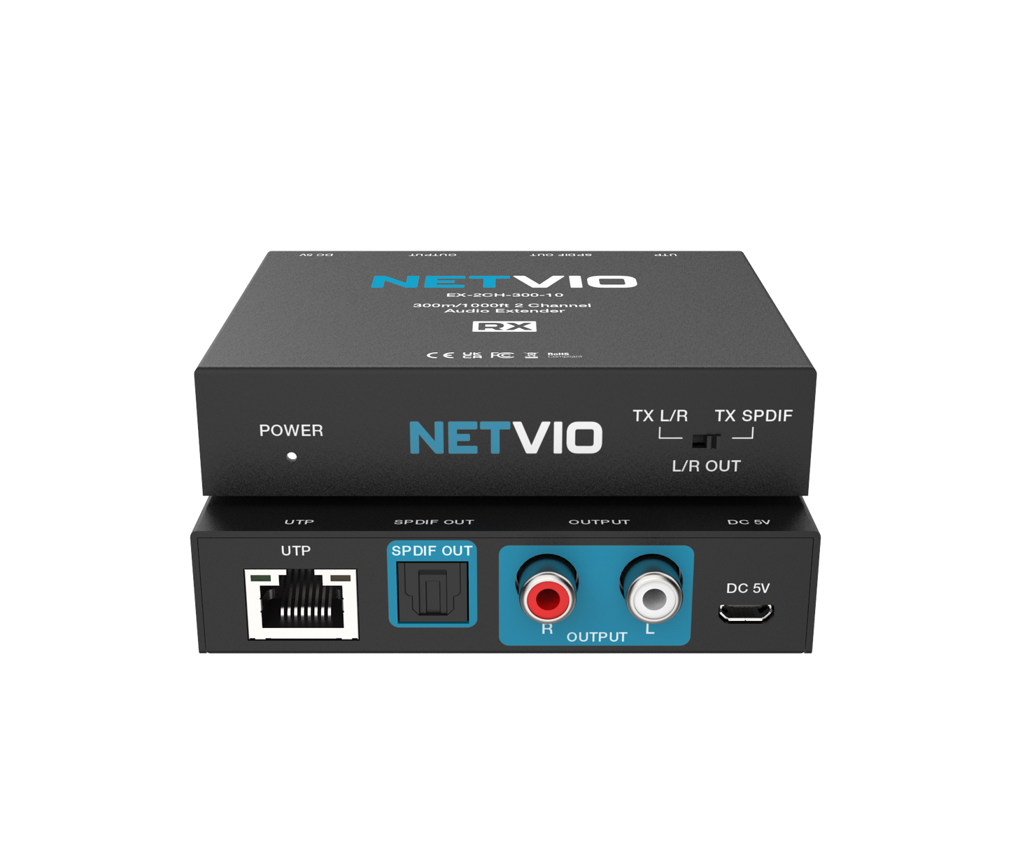 Netvio EX-2CH-300-10 | 300m 2-Channel Audio Extender with Built-in DAC & PoC Extender Netvio