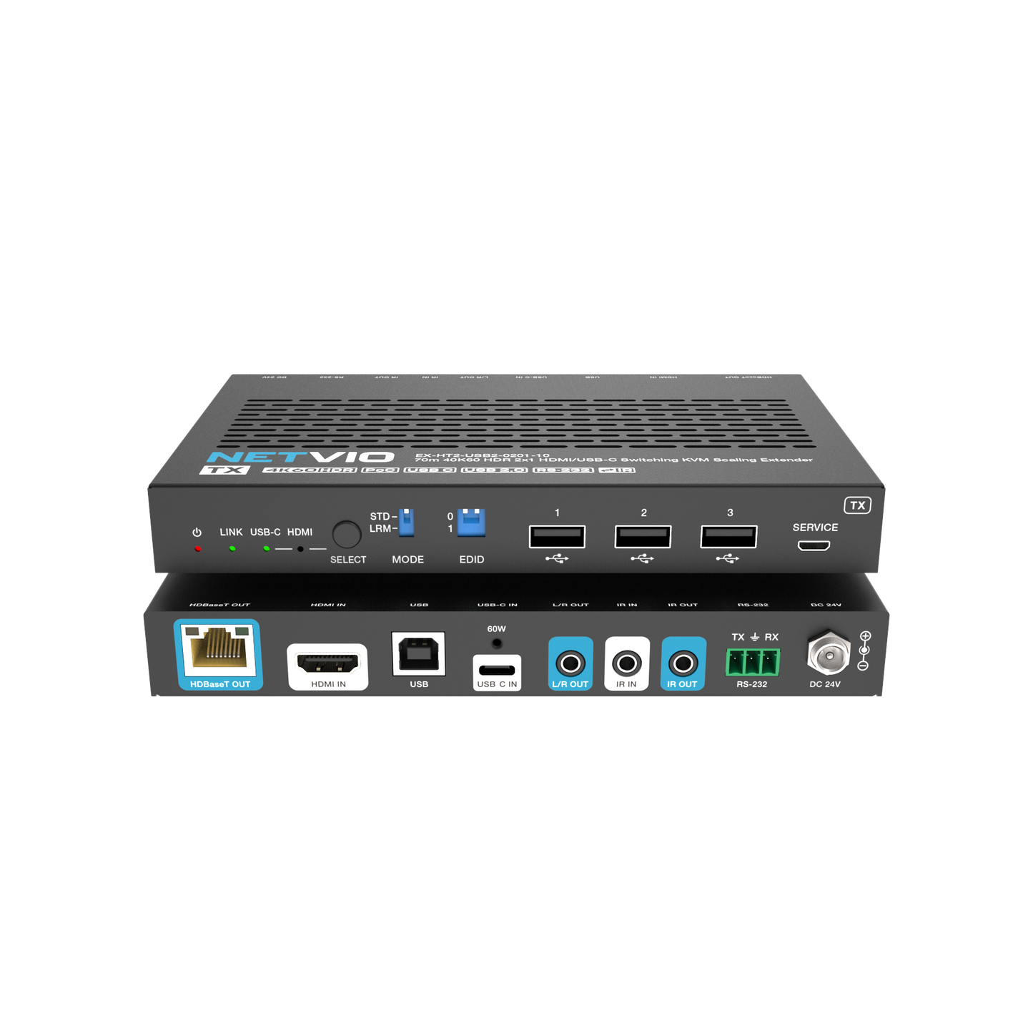 Netvio EX-HT2-USB2-0201-10 | 70m 4K60 HDMI & USB-C Extender with USB 2.0, PoC & 60W Charging Extender Netvio