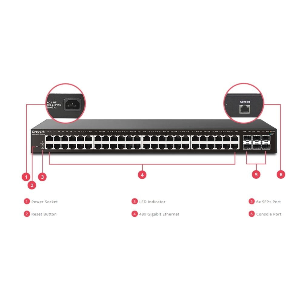 DrayTek VigorSwitch G2540XS 54 Port Gigabit L2+ Managed Switch With 48 RJ-45 LAN Ports and 6 x 10GBE SFP+ Switches Draytek