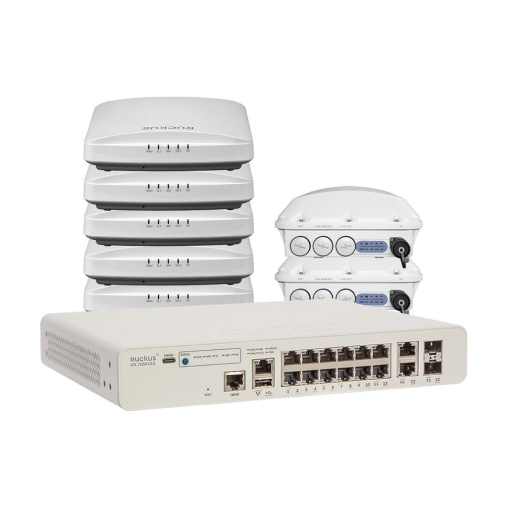 Ruckus T750-U Outdoor Wireless Dual Band WiFi 6 Access Point and R650-U WiFi 6 Indoor Access Point with Ruckus ICX7150 C12P 2x1G :SET Unleashed Self Managed Aps Ruckus